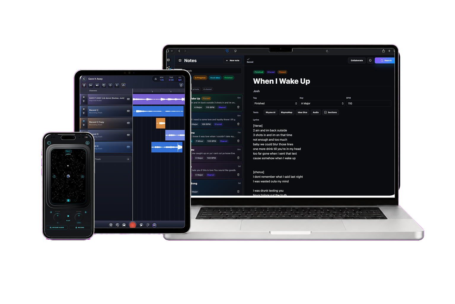 SongRight workspace shown across MacBook, iPad, and iPhone screens